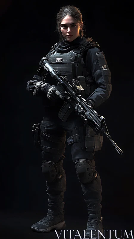 Calm tactical soldier stands ready in sleek modern armor