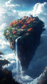 Floating Island Temple Sanctuary with Cascading Waterfall.