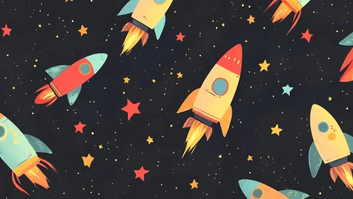 Playful cartoon rockets drift through a whimsical starry sky