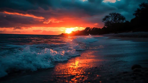 Fiery ocean sunset ignites rolling surf along a tranquil shore