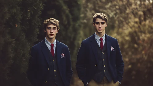 Twin brothers in tailored navy suits on a quiet garden path.
