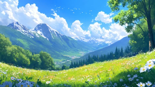 Luminous alpine meadow panorama in vivid digital painting.