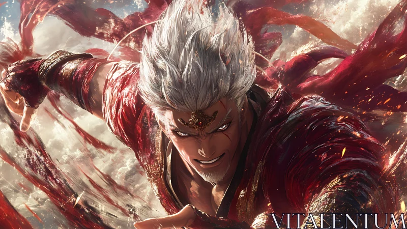 Fierce silver‑haired warrior surges forward through swirling fire