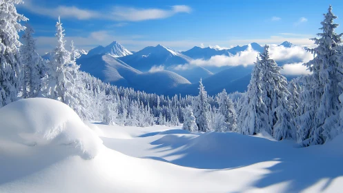 Snow-laden conifer forest before alpine ridgeline under clear sky