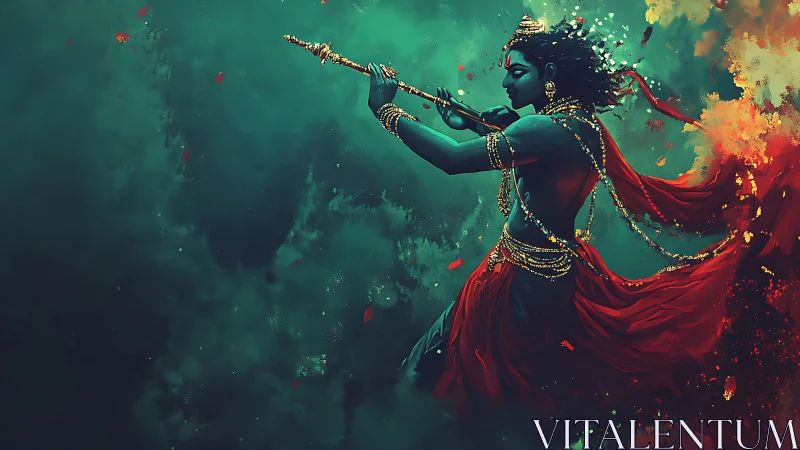 Blue-skinned figure plays flute amid swirling red fabric