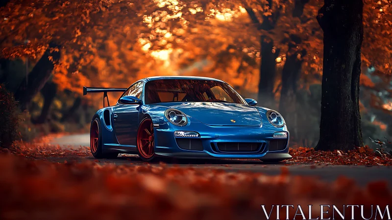 Autumn-burnished forest crowns a blue racing coupe’s prowl.