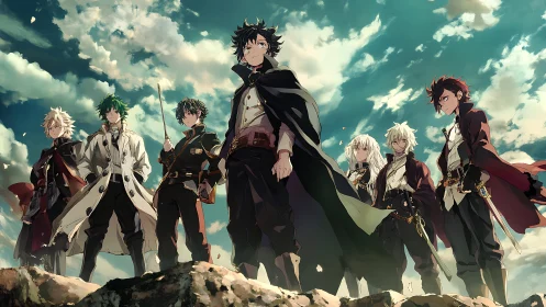 Stormlit fantasy squad poised atop windswept rocky ridge.