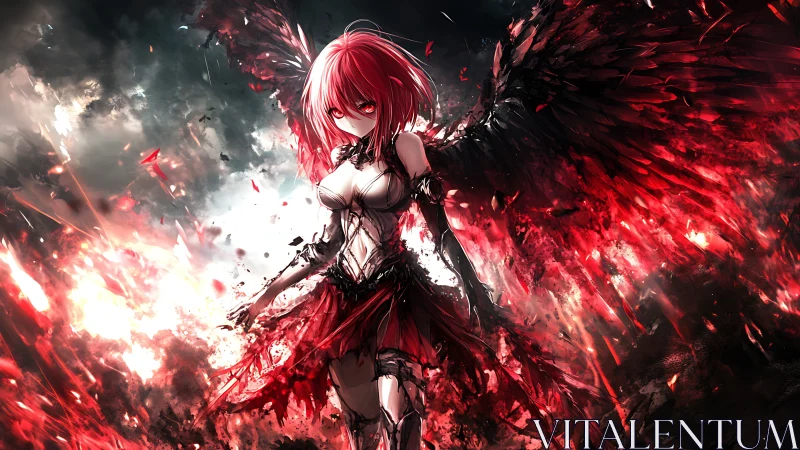 Winged humanoid figure in red-black flames and dark sky.