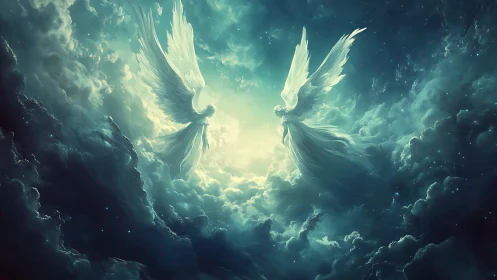 Backlit celestial angels emerge symmetrically from luminous clouds