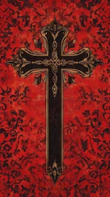 Baroque black cross with gilded filigree on distressed red field