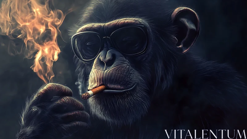 Smoldering chimp portrait with cinematic neon rim light.