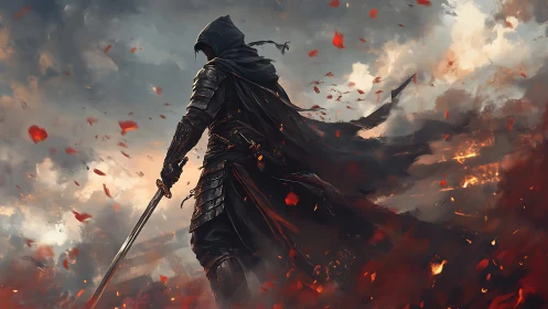 Hooded sword warrior stands in burning battlefield storm