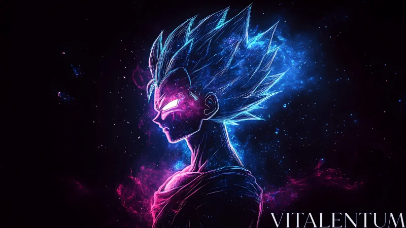 Cosmic warrior ignites in neon storm across starry void.