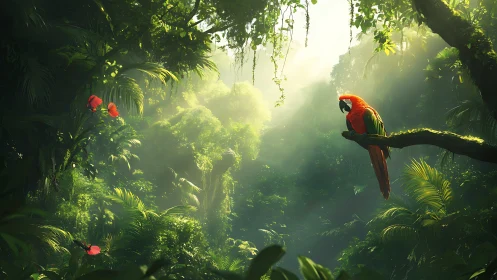 Macaw on canopy branch in volumetric rainforest light field.