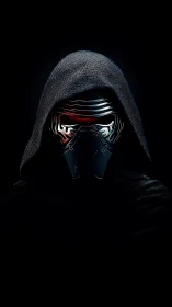 Hooded chrome mask carves menace from the surrounding dark