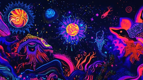 Neon cosmic fauna orbit bioluminescent sun in psychedelic space