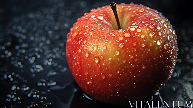 Glistening red apple rests in cool droplets of fresh water