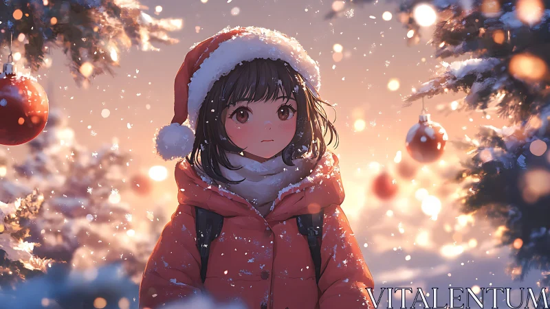 Snow-lit anime girl in Santa parka amid bokeh Christmas forest.
