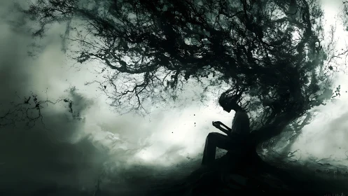 Silhouetted reader merges with storm-twisted ink tree roots