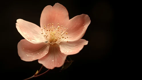 Peach Flower with Golden Stamens Against Black.