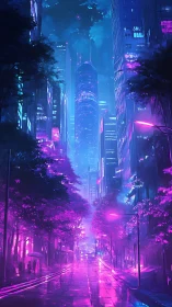 Neon midnight city stroll under glowing violet trees.