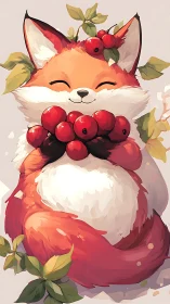 Berry-loving fox cuddling forest fruit with cozy joy.