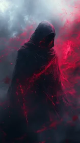 Hooded wraith emerges amid swirling crimson energy and mist.
