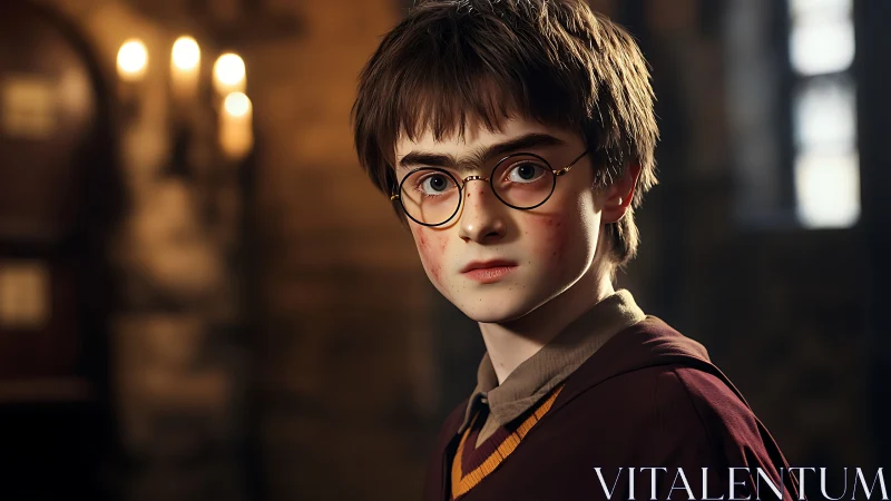 Wide-eyed young wizard in candlelit stone corridor portrait.