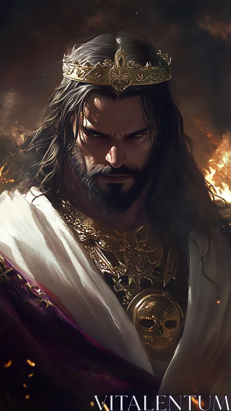 Bearded king in ornate crown stares downward amid firelight