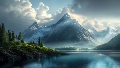 Snow covered mountain range rises above reflective lake