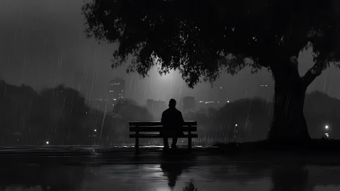 Solitary silhouette bargains with rain beneath a patient tree
