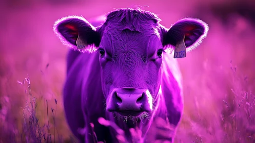 Iridescent magenta cow portrait uses hyperreal chromatic contrast