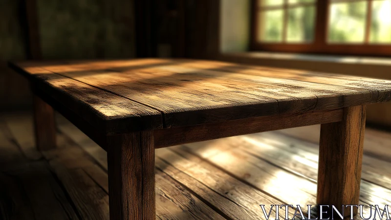 Sunlit rustic wooden table invites quiet, cozy moments