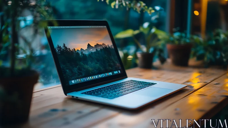 Sleek laptop on wooden desk in soft evening bokeh light.