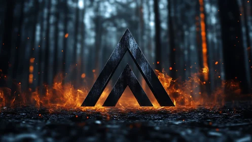 Geometric Double-Triangle Structure Engulfed in Photorealistic Fire and Embers in Dark Forest