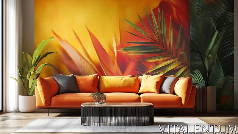 Interior rendering shows sofa before tropical gradient mural