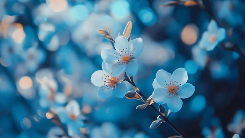 Pale blue blossoms with warm centers on bokeh background.
