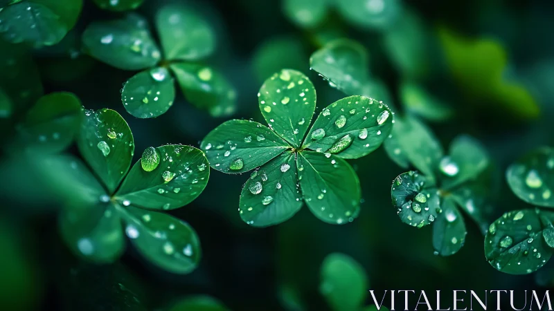 Glistening clover leaves holding tiny morning rain jewels.