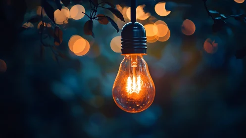 Illuminated filament bulb outdoors with blurred bokeh background.
