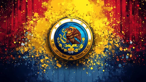 Bold eagle crest glows against splashed red, gold, and navy