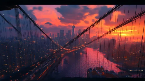 Suspension bridge arcs frame a neon-infused sunset metropolis