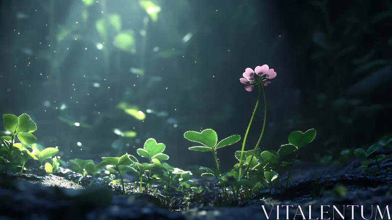 Pink wildflower under focused forest light in mossy ground.