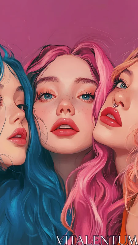 Triple portrait of stylized young women with colored hair.