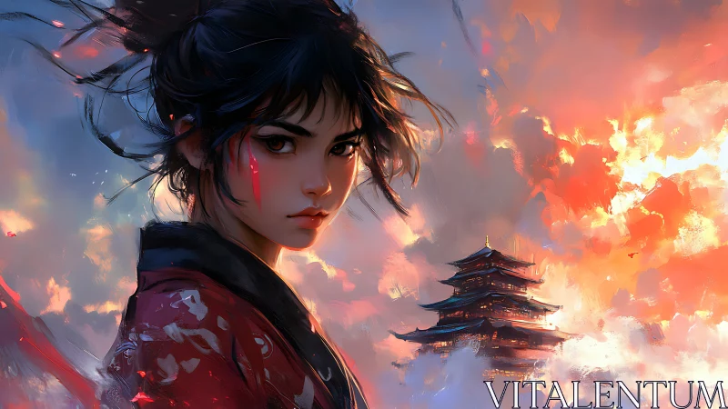 Storm-eyed samurai girl amid blazing temple skies. Period.