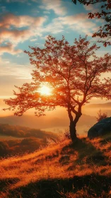 Lone hillside tree framed by vivid orange sunset light.