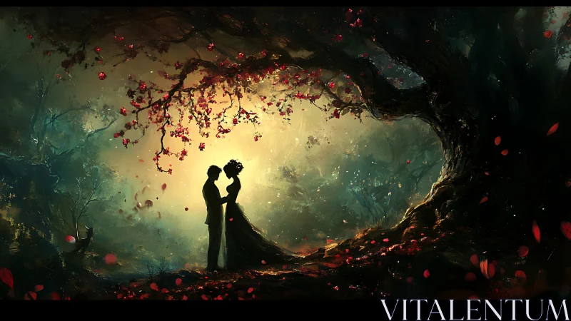 Silhouetted Couple Beneath Cherry Blossom Tree with Golden Backlighting