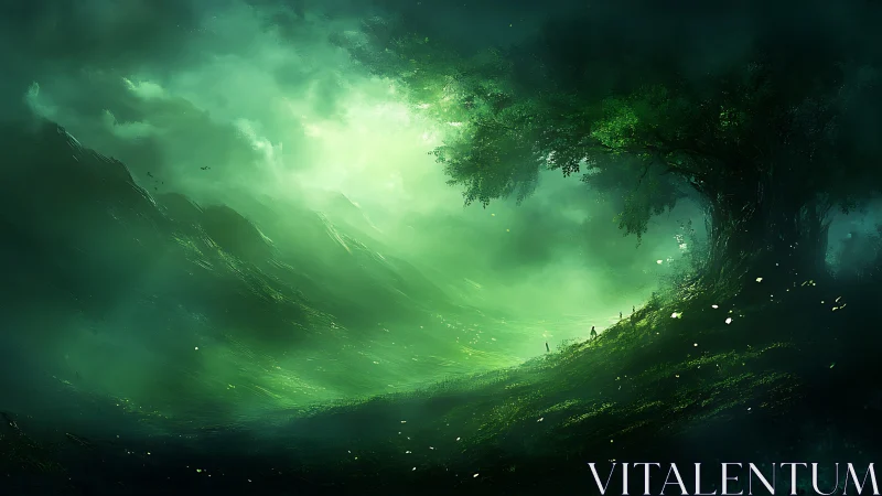 Green misty valley landscape under large solitary tree.