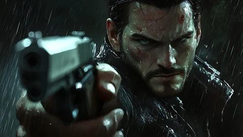 Gunman locks his aim in a rain‑soaked, cinematic standoff.