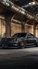 Black sports car parked in gritty industrial garage.