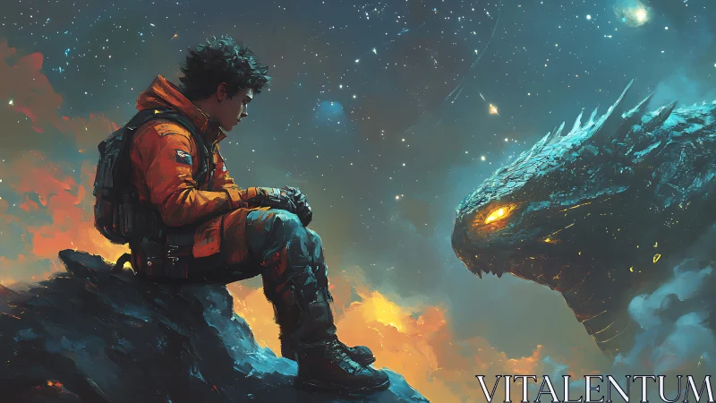 Young astronaut meets cosmic dragon above burning clouds.